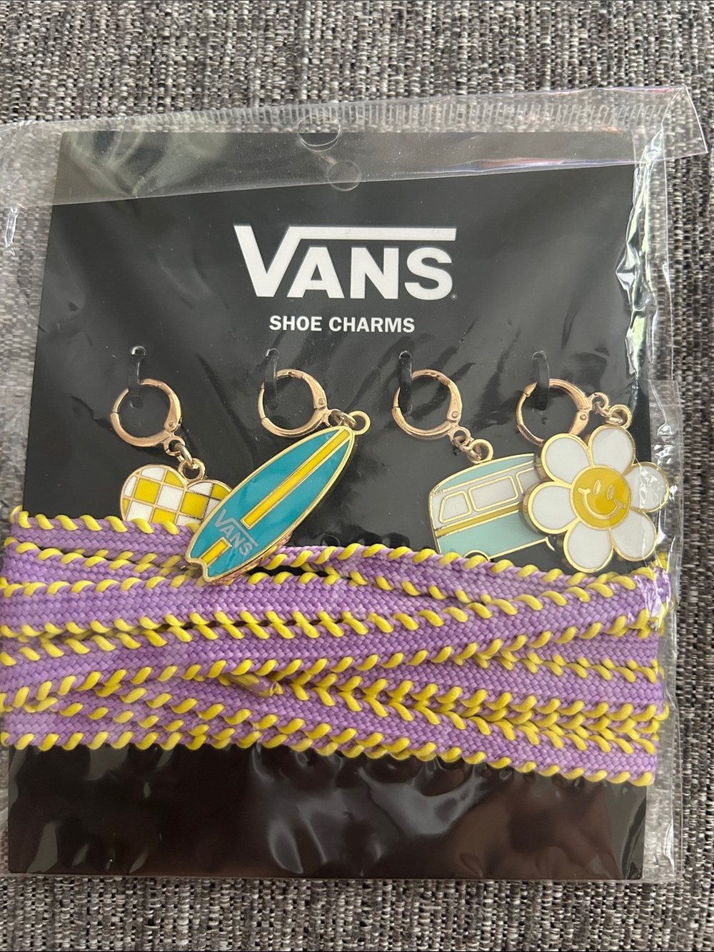 Vans Purple, blue & Yellow Shoe Charms with Surfboard, Van, Daisy & surfboard